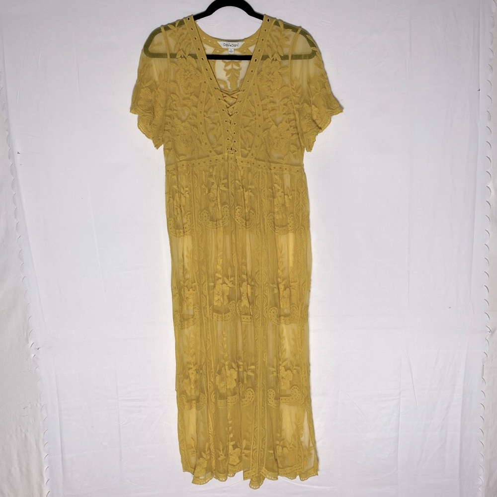 DAVI & DANI Yellow Short Sleeve V Neck Semi Sheer Maxi Dress S